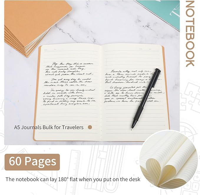 miikoul 100 Pack A5 Kraft Paper Notebook Lined Journal Bulk, 8.3 x 5.5 Inch, 60 Pages/30 Sheets, 80GSM, Travel Notebook Notepad for Adult, Students, Gift, School, Office Supplies