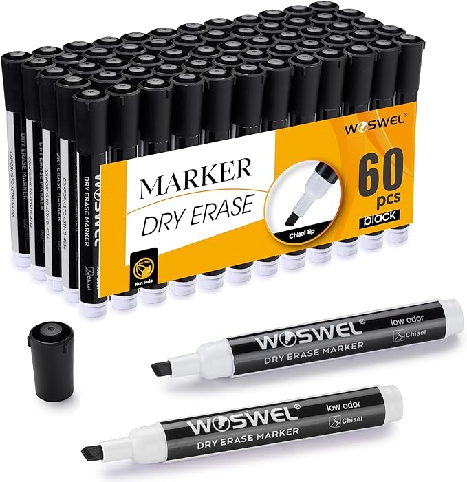 Dry Erase Markers, 60 Bulk Pack, Black Chisel Tip Whiteboard Markers, Chisel Point Low Odor Dry Erase Markers