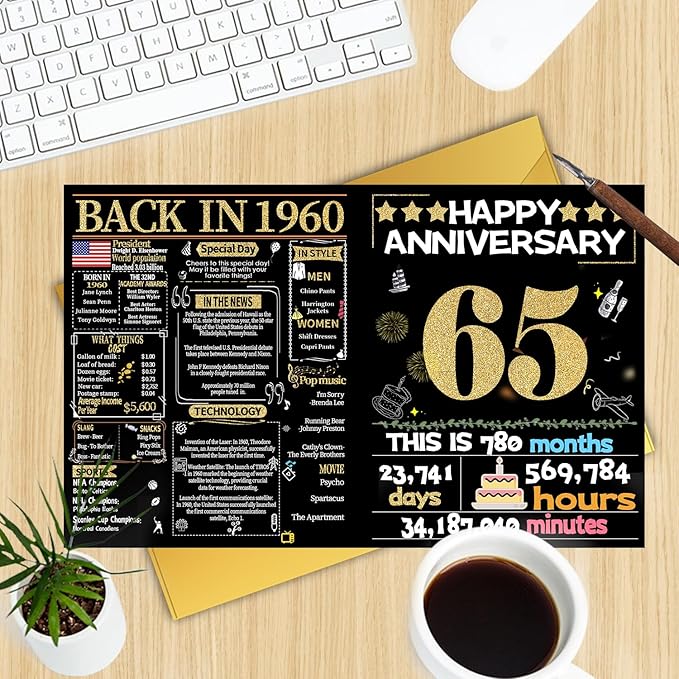 Joycard 65th Anniversary Card for Women Men, Gold Wedding Card for Wife Husband, Sweet Marriage Decorations Gifts for Couple, Perfect for Her Him on Anniversary Day, Back in 1960