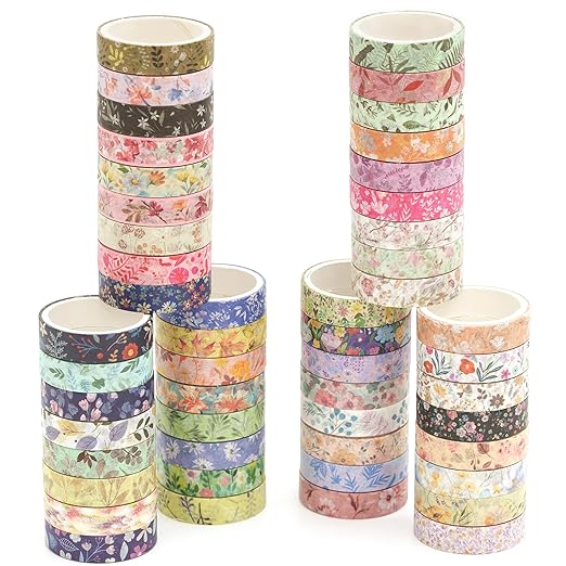YUBBAEX Flowers Washi Tape Pack 50 Rolls Floral Printed Masking Tape Plants Decorative for Arts, DIY Crafts, Journal Supplies, Planners, Scrapbook, Card/Gift Wrapping