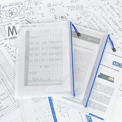 AUSTARK 10 Pcs Zipper File Bags, Waterproof Plastic Mesh Pouch for Office School, Board Game Storage Bags (A4 Size 13.4''x9.4'', White and Blue)