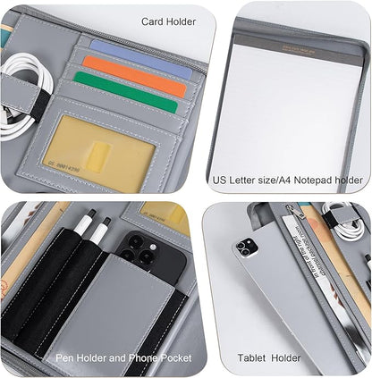 Calfinder Portfolio for Men, Zippered Vegan Leather Padfolio for Women, Business Portfolio Organizer Folder, Professional Padfolio with A4 Notepad Holder for Interview/Meeting, Office Gifts, Gray