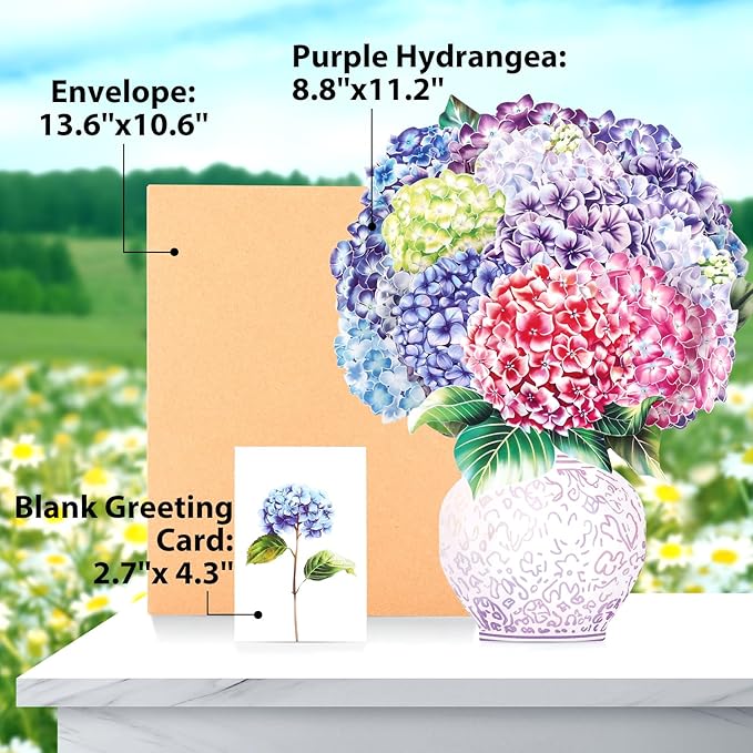 Pop Up Cards,Purple Hydrangea,12 Inch Forever Flower Bouquet 3D Popup Greeting Cards With Blank Note Card and Envelope,Perfect For Birthday, Christmas, Thanksgiving Day,Mother's Day Gifts