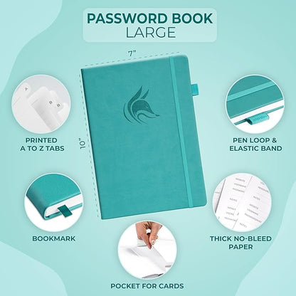 Clever Fox Password Book with Alphabetical tabs. Internet Address Organizer Logbook. Large Password Keeper for Website Logins (Turquoise)
