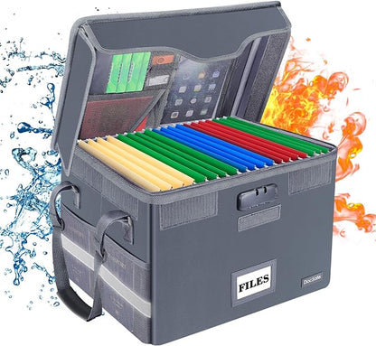 DocSafe File Box Fireproof Document Box with Lock, File Storage Organizer Box with Pockets,Collapsible Portable File Box Home Office File Cabinet with Handle for Hanging Letter/Legal Folder,Gray