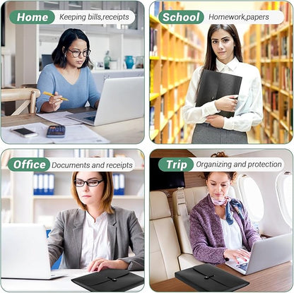 2 PCS Expanding File Folder A4,13 Pockets File Organiser with Colored Tags, Paperwork A4 Plastic Wallet Document Storage Expander for School,Office and Home, Black