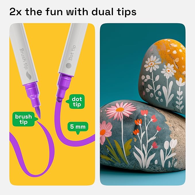 ARTISTRO 12 Acrylic Paint Markers for Fabric, Rocks, Paper, Wood, Canvas, Glass, DIY - Safe for Kids Dual Tip Acrylic Paint Pens (Dual Tip Dot + Brush, 12)