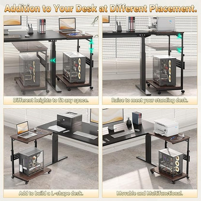 Computer Tower Stand with Power Strips, Height Adjustable PC Tower Stand/Cart with Wheels, Mobile Rolling CPU Holder, Computer Cart Side Stand for Computer Desk, 24", Black Walnut