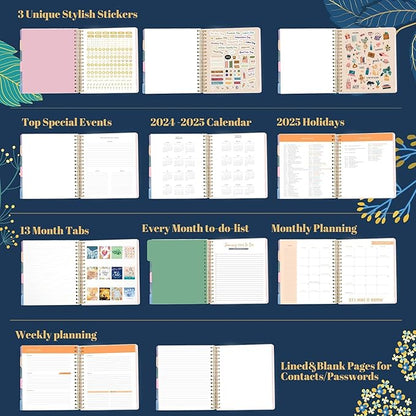2025 Hardcover Planner Weekly and Monthly, Dec 2024–Dec 2025, Large Spiral Bound Planners 2025 for Women Gifts, 8.3" x 9.3",13 Month Calendar with 13 Tabs, 3 Sticker Sheets, Blue