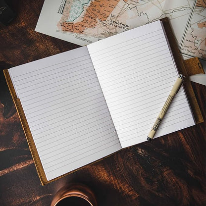 Refillable Leather Journal | Premium Lined A5 Notebook Cover | 200 Ruled Writing Pages | Card Holder Slot | Leather Bound Journals for Men & Women, Best Gift Travel Diary, Cool Planner