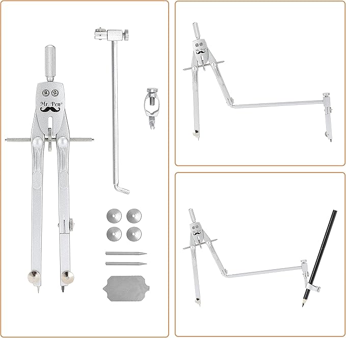 Mr. Pen- Professional Metal Compass with Wheel, Lock and Extension Bar for Geometry, Drafting, Math, Drawing, Compass for Geometry, Tool for Drawing Circles, Drawing Compass, Compass Drawing Tool