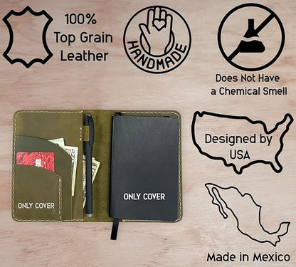 Leather Cover for Field Notes, Passport Cover, Leather Notebook Cover for 3.5" x 5.5" with Pen Holder, Only Cover (Moss Green)