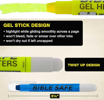 U.S. Office Supply Bible Safe Gel Highlighters, Pack of 12 - Set with 6 Bright Neon Yellow Highlight Colors Plus 6 Colors, Orange, Pink, Purple, Green, Blue - Won't Bleed, Fade or Smear - Study Guide