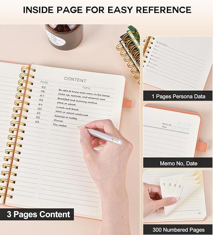 Spiral Notebook Journal for Women Men, 300 Numbered Lined Pages, College Ruled, A5 Hardcover Spiral Bound Notebook for School, Work, Note Taking Writing, Leather Spiral Journal Medium 5.9"x8.5"