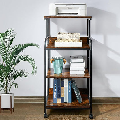 4 Tier Printer Stands, Printer Desk with Wheels, Multipurpose Office and Home Printer Stands, Shelving for Printers or Office for Fax Machines, Scanners, Printer carts for Office Vintage Brown