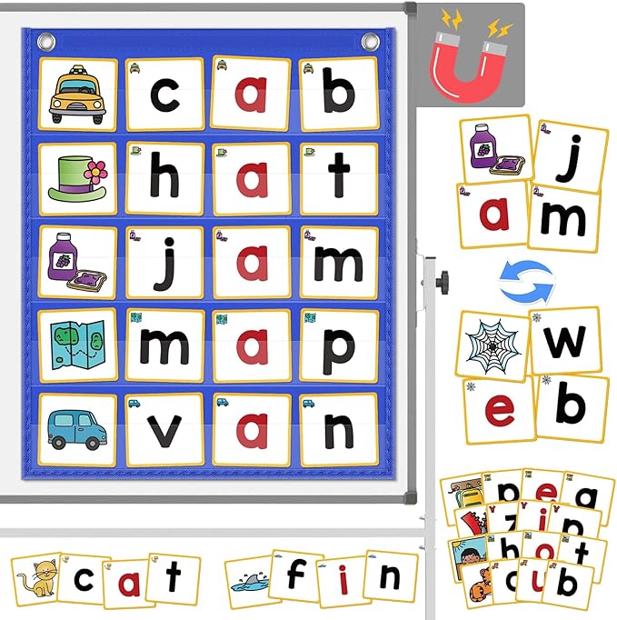 ABCxGOOD CVC Word Building Pocket Charts with 64 Phonics Flash Cards Kindergarten Classroom Must Haves, CVC Literacy Games for Beginners in Reading and Spelling.