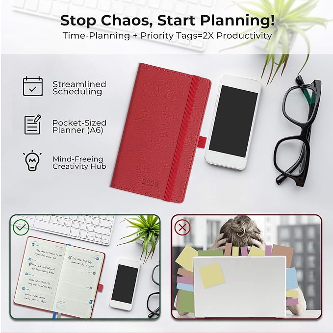 Weekly Monthly 2026 Planner (Jan.26-Dec.26),6.5"x3.75",12 Months Agenda Plan with Month Tabs & Pocket,Expenses/Note Pages, Appointment Book Calendar with Hardcover Vegan Leather Cover,Red