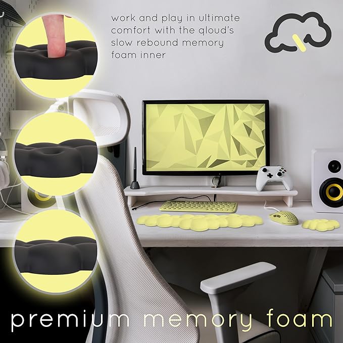 Qloud Cloud Wrist Rest Keyboard Wrist Rest for Computer Keyboard Pad, Cloud Keyboard Wrist Rest, Wrist Pad for Keyboard, Memory Foam, Non Slip Base, Comes with Mouse Pad - Yellow