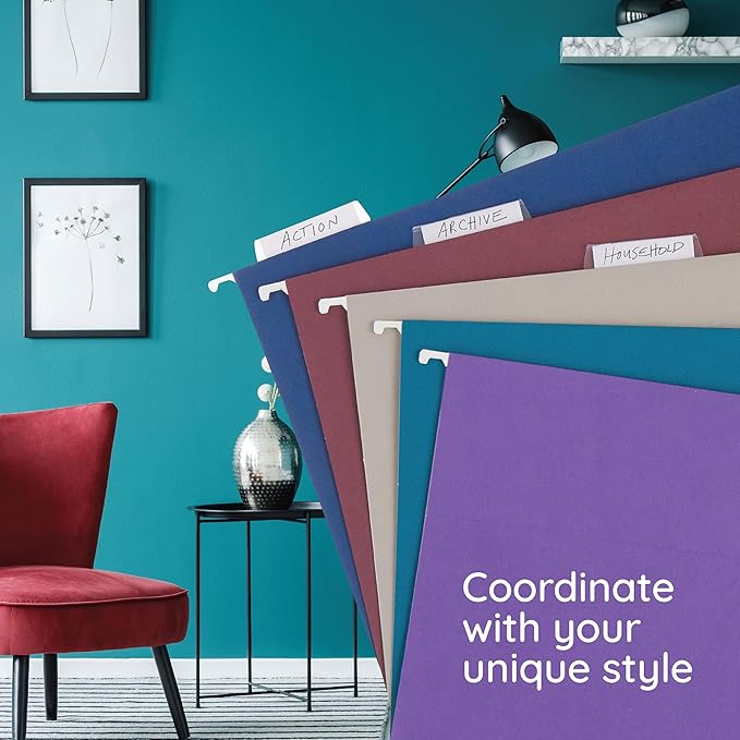 25 Blue Summit Supplies Letter Size Hanging File Folders - Hanging File Folders Letter Size, Assorted Jewel Tone Colors, Includes Plastic Tabs and Inserts, Durable 12pt Paper