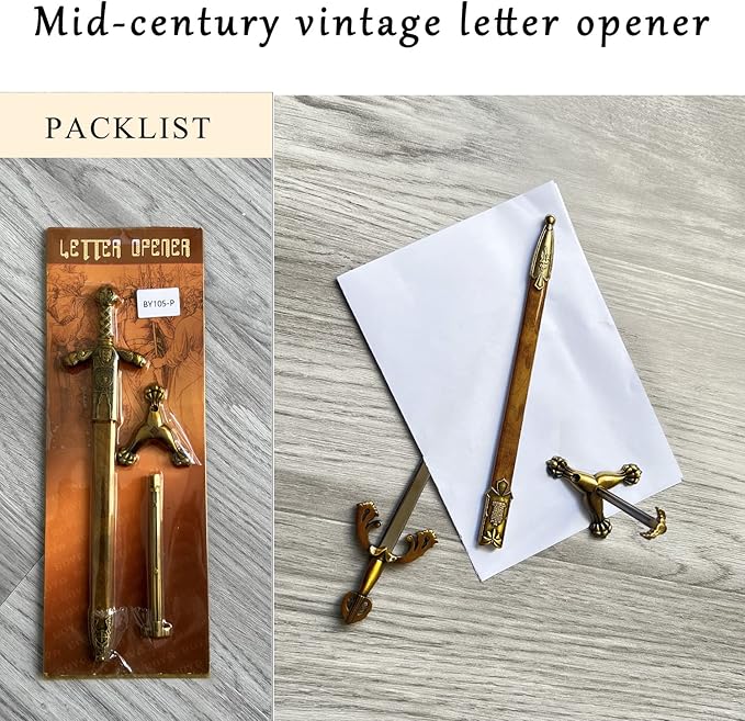 Metal Stainless Steel Sword Letter Opener with Stand,Medieval Vintage Gold Handle,Mini Sword,Lightweight Hand Envelope Slitter,Special Gift