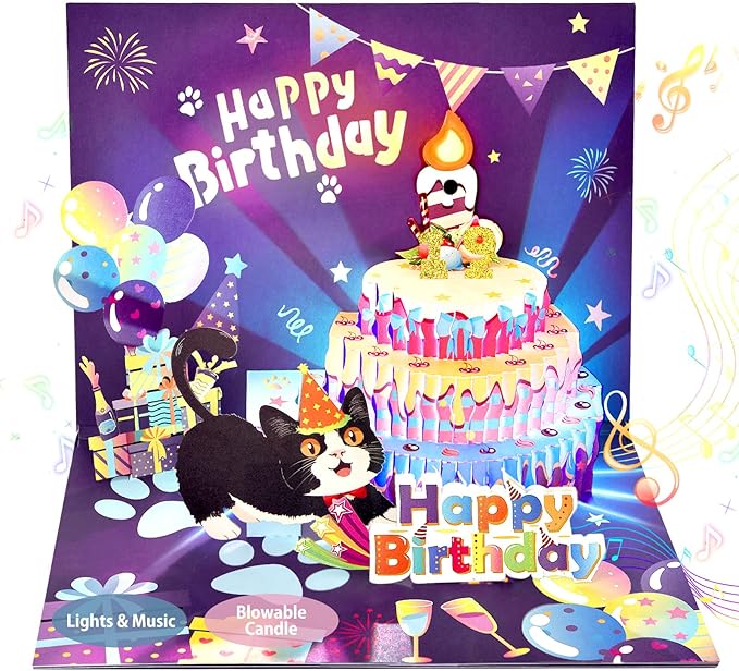 OBSEDE 3D Musical Pop Up Cat Birthday Cards for Women Men Light Blowable LED Candle Happy Funny Cake Colorful Greeting Cute Singing Gifts for Mom Dad Wife Husband Daughter Son Lovers with DIY Numbers