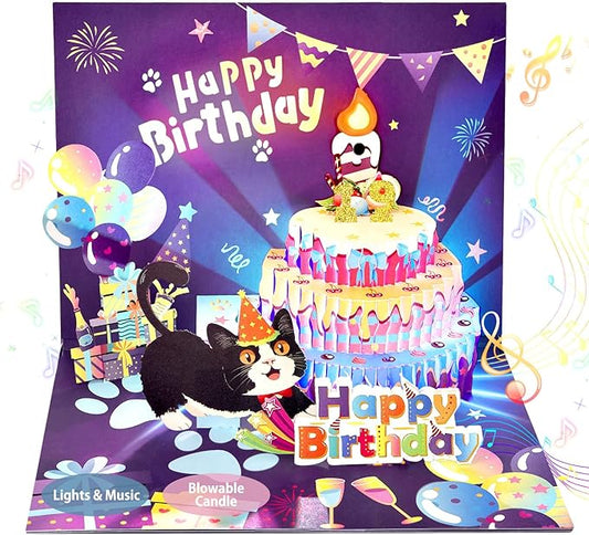 OBSEDE 3D Musical Pop Up Cat Birthday Cards for Women Men Light Blowable LED Candle Happy Funny Cake Colorful Greeting Cute Singing Gifts for Mom Dad Wife Husband Daughter Son Lovers with DIY Numbers