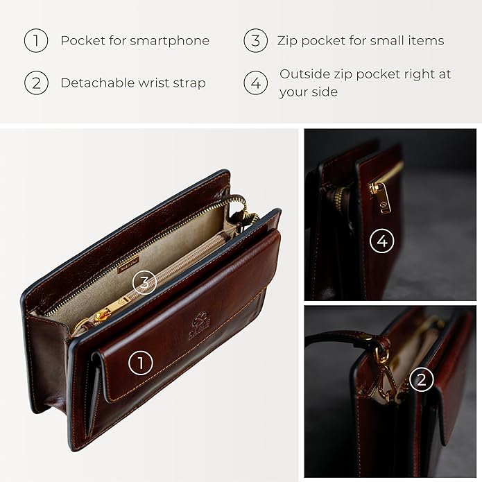 Time Resistance Leather Clutch for Men Organizer Wrist Bag Briefcase Handmade in Italy Gift Box Included
