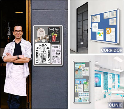 SWANCROWN Fabric Bulletin Board Enclosed Wall-Mounted Display Case for Office Classroom Home,26x20inch(4xA4)