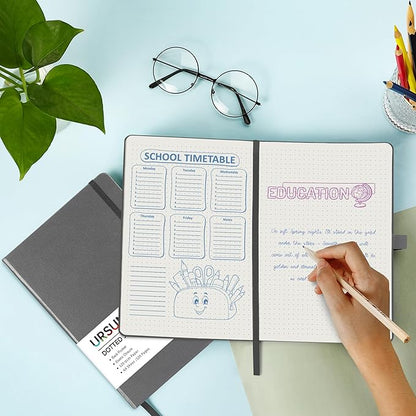 Dotted Journal/Notebook - Dot Grid Hard Cover Notebook, Premium Thick Paper with Fine Inner Pocket, Black Smooth Faux Leather, Pen Loop, 5.3'' x 8.26'' - Gray