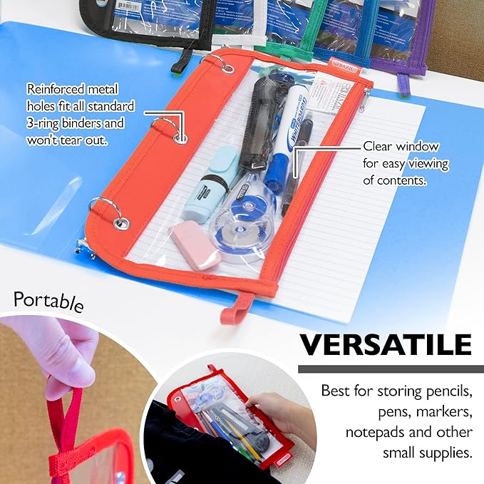 BAZIC Pencil Pouch 3 Ring Binder Pouch w/Rivet Enforced Rings Holes, 11.5"x6.5" Clear Color, Zipper Pouches Case Cosmetic Bag, 6-Pack