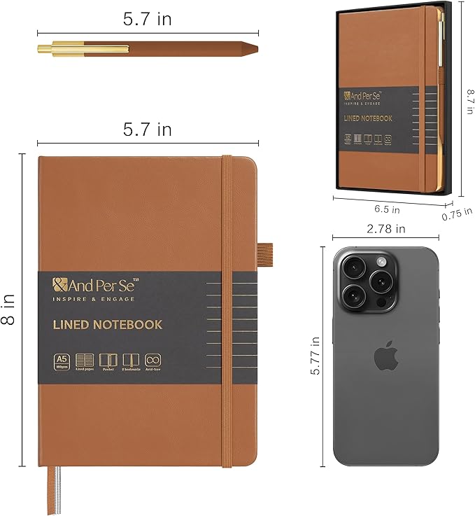 A5 Lined Leather Journal and Pen Set, Hardcover Notebook with Pen, 160 Pages 100gsm Thick Ruled Paper for Men Women, for Work, Business, School or Home Writing, 5.7'' x 8'', Gift Box Included (Light Brown)