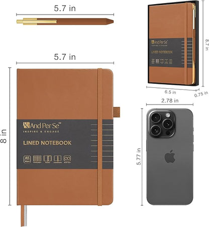 A5 Lined Leather Journal and Pen Set, Hardcover Notebook with Pen, 160 Pages 100gsm Thick Ruled Paper for Men Women, for Work, Business, School or Home Writing, 5.7'' x 8'', Gift Box Included (Light Brown)