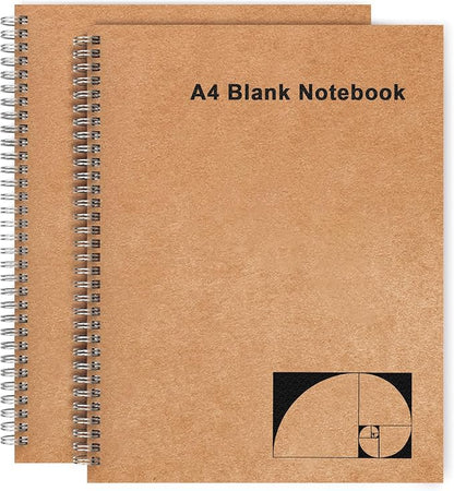 A4 Blank Journal Notebook, 2 Pack Large Spiral Sketchbook for Drawing, 200 Pages 100gsm Thick Unlined Blank Page Journal for Sketching Writing Taking Note and More - Kraft Brown Cover, 8.5" x 11"