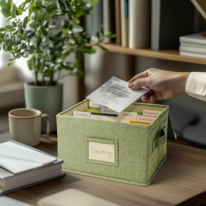 Vienrose Greeting Card Organizer Storage Box with 20 Removable Dividers, 84 Self-stick Labels, Perfect for Photos, Envelopes, Scrapbooking, Paper, Stickers Holder 2 Pack Grass Green