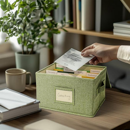 Vienrose Greeting Card Organizer Storage Box with 20 Removable Dividers, 84 Self-stick Labels, Perfect for Photos, Envelopes, Scrapbooking, Paper, Stickers Holder 2 Pack Grass Green