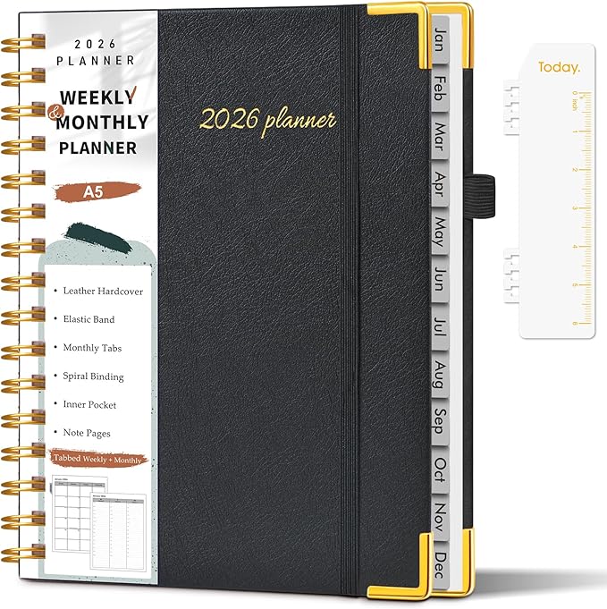 2026 Planner, Weekly and Monthly Calendar Planner from January 2026 - December 2026, 5.75" x 8.38" Hardcover Leather Hourly Appointment Book with Tabs, A5 Spiral Daily Planners for College School Work Home, Black
