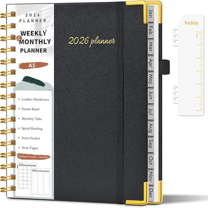 2026 Planner, Weekly and Monthly Calendar Planner from January 2026 - December 2026, 5.75" x 8.38" Hardcover Leather Hourly Appointment Book with Tabs, A5 Spiral Daily Planners for College School Work Home, Black