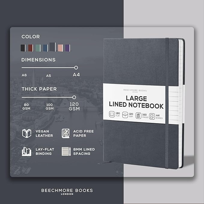 BEECHMORE BOOKS Lined Journal Notebook, 8.5 x 11.5 inch, A4 160 Lined Pages, Hardcover Leather Journals for Women, Men, Writing and Notebooks for Work - 120 GSM Thick Paper, Gifts Box Included