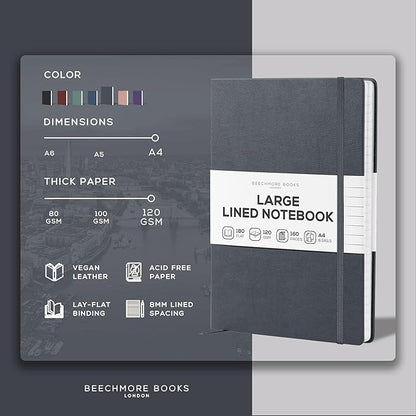 BEECHMORE BOOKS Lined Journal Notebook, 8.5 x 11.5 inch, A4 160 Lined Pages, Hardcover Leather Journals for Women, Men, Writing and Notebooks for Work - 120 GSM Thick Paper, Gifts Box Included