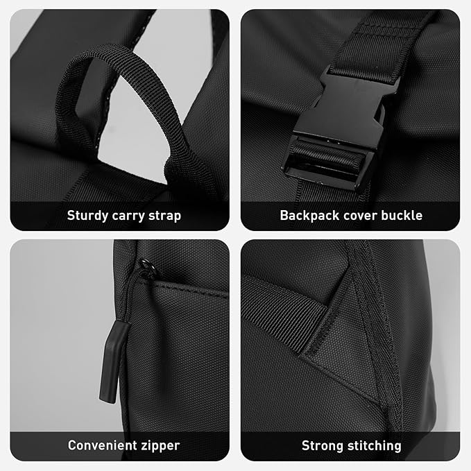 Roll Top Backpack -Lightweight, Water-Resistant, Expandable Casual Daypack for 13-16 Inch Laptop-Ideal for Work,City Commute,Campus -Adjustable Capacity 17-20L-Black