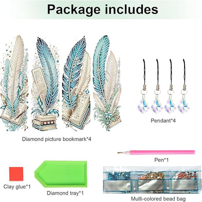 4-Piece 5D Diamond Painting Bookmarks Set, DIY Craft Kit with Rhinestones – Creative Artistic Peacock Feather Design, Diamond Art Craft Bookmarks with Tassels for Adults, Perfect for Gifts