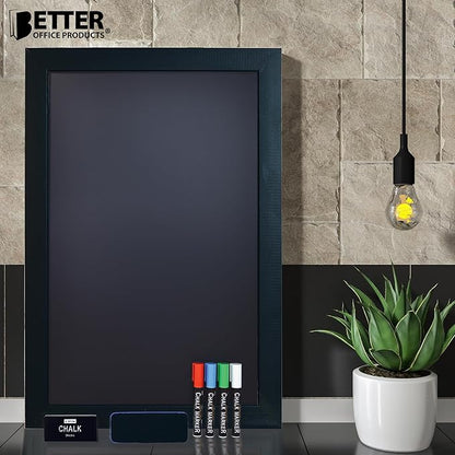 Magnetic Wall Chalkboard, Extra Large Size 20" x 30", Wood Frame, Chalkboard Sign, Vertical or Horizontal Wall Mount, Includes 4 Chalk Markers, Chalk & Eraser, by Better Office Products (Solid Black)