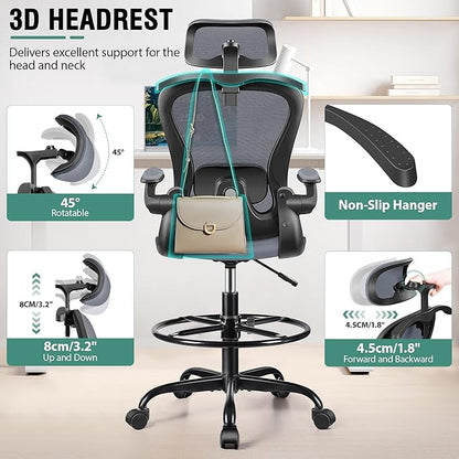 Drafting Chair, Tall Office Chair with 3D Lumbar & Head Support, Ergonomic Mesh Standing Desk Chair with Footring, Comfy Extended High Desk Chair with Flip-Up Arms & Hanger (Dark Gray)
