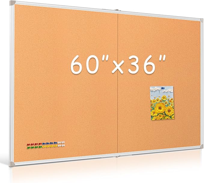 DOLLAR BOSS Foldable Cork Board, 60 x 36 Inch Corkboard, Extra Large Bulletin Board, Portable Double sided Aluminum Frame Wall Mounted Pin Board for Office School Supplies Dorm Decor with 20 Push Pins