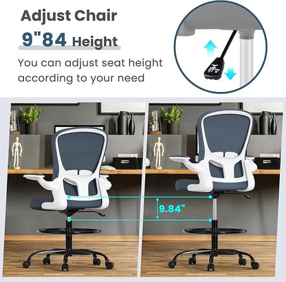 Drafting Chair, Tall Office Chair with Flip-up Armrests Executive Ergonomic Computer Standing Desk Chair, Office Drafting Chair with Lumbar Support and Adjustable Footrest Ring