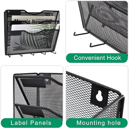 EASEPRES 3 Pocket Mesh Hanging File Organizer with Key Holder Hooks & Nametag Label, Wall Mounted Mail Paper Document Folder Clipboard Storage Organization Magazine Rack for Office Cubicle, Black