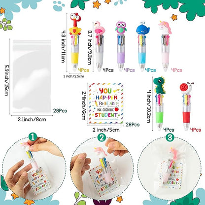 ANGOLIO 84Pcs End of Year Student Gift Includes Cute Cartoon 4 in 1 Multicolor Retractable Ballpoint Pen with Gift Cards for Kindergarten Party Gifts Bulk for School Exchange Gift