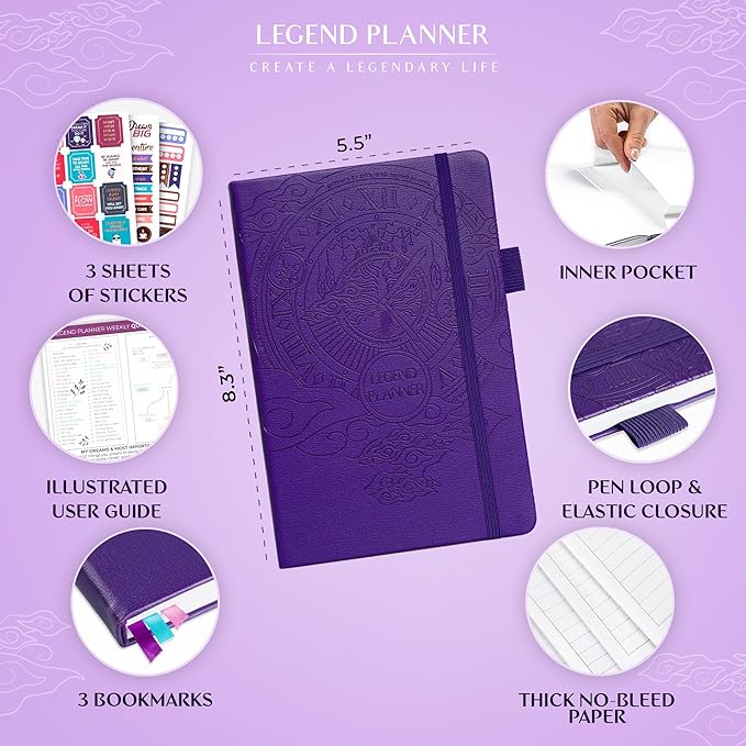 Legend Planner – Weekly & Monthly Life Planner to Hit Your Goals & Live Happier. Organizer Notebook & Productivity Journal. A5 (Purple)