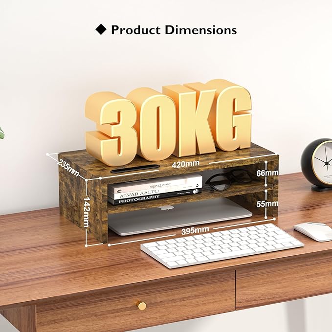 BONTEC Monitor Stand Riser, 2 Tiers Wood Monitor Riser Stand with Storage Organizer, Desktop Ergonomic Monitor Stand Riser with Cellphone Holder and Cable Management, 16.5 Inch Shelf, Vintage Brown