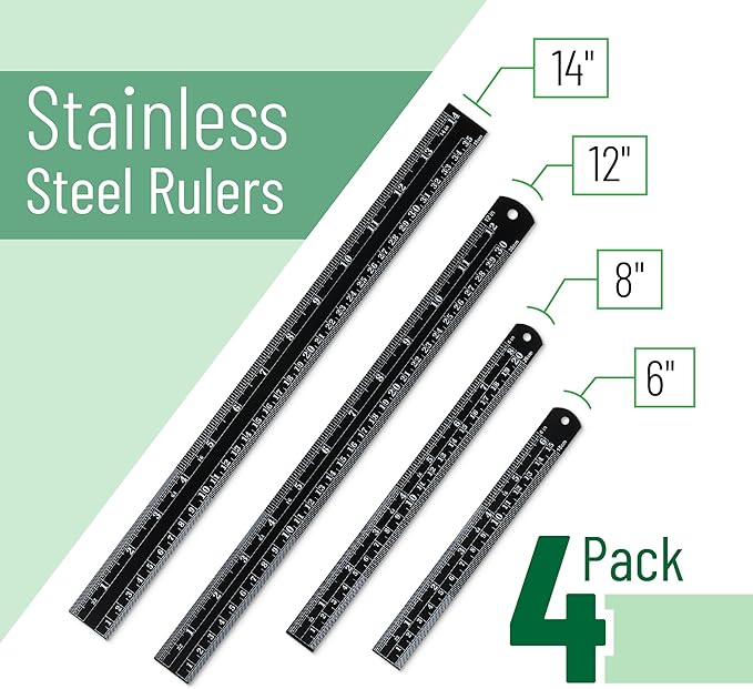 Mr. Pen- Stainless Steel Ruler, 4 pcs, 6", 8", 12", 14", Black, Imperial & Metric Measurements, Metric Metal Ruler Set, mm Ruler, Metal Rulers, Small Metal Ruler Metal Straight Edge, Centimeter Ruler